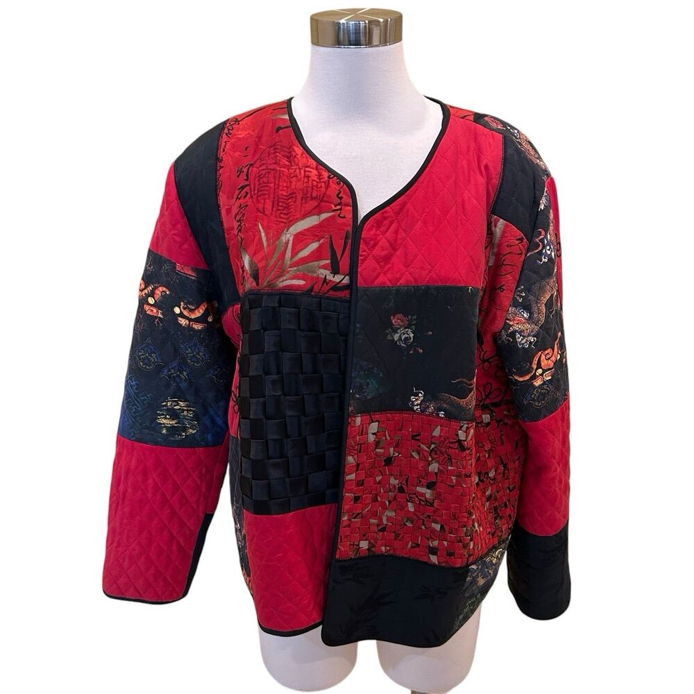 VTG Chicos Silk Chinoiserie Open Front  Jacket Art to Wear Basket Weave Dragon